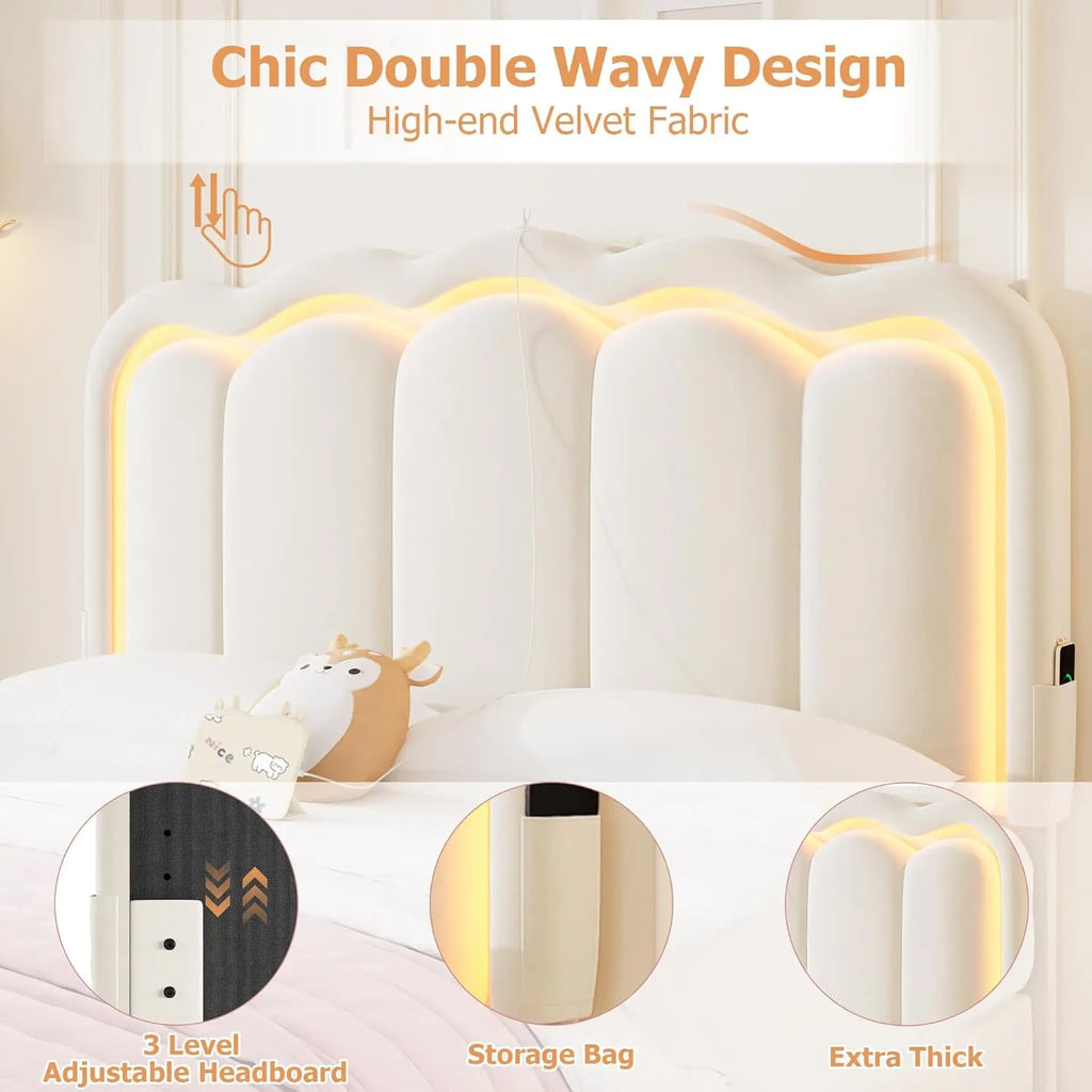 Velvet LED Bed Frame, 2-Drawers, RGB LED Adjustable Headboard, Charging Station