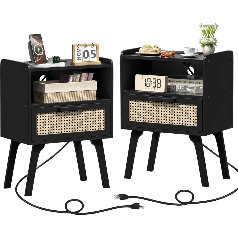 Rattan Nightstands Set of 2, Charging Station, Drawer, Solid Wood Legs