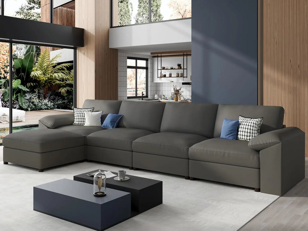 Oversized L-Shaped Leather Modular Sectional Sofa, Deep Seat