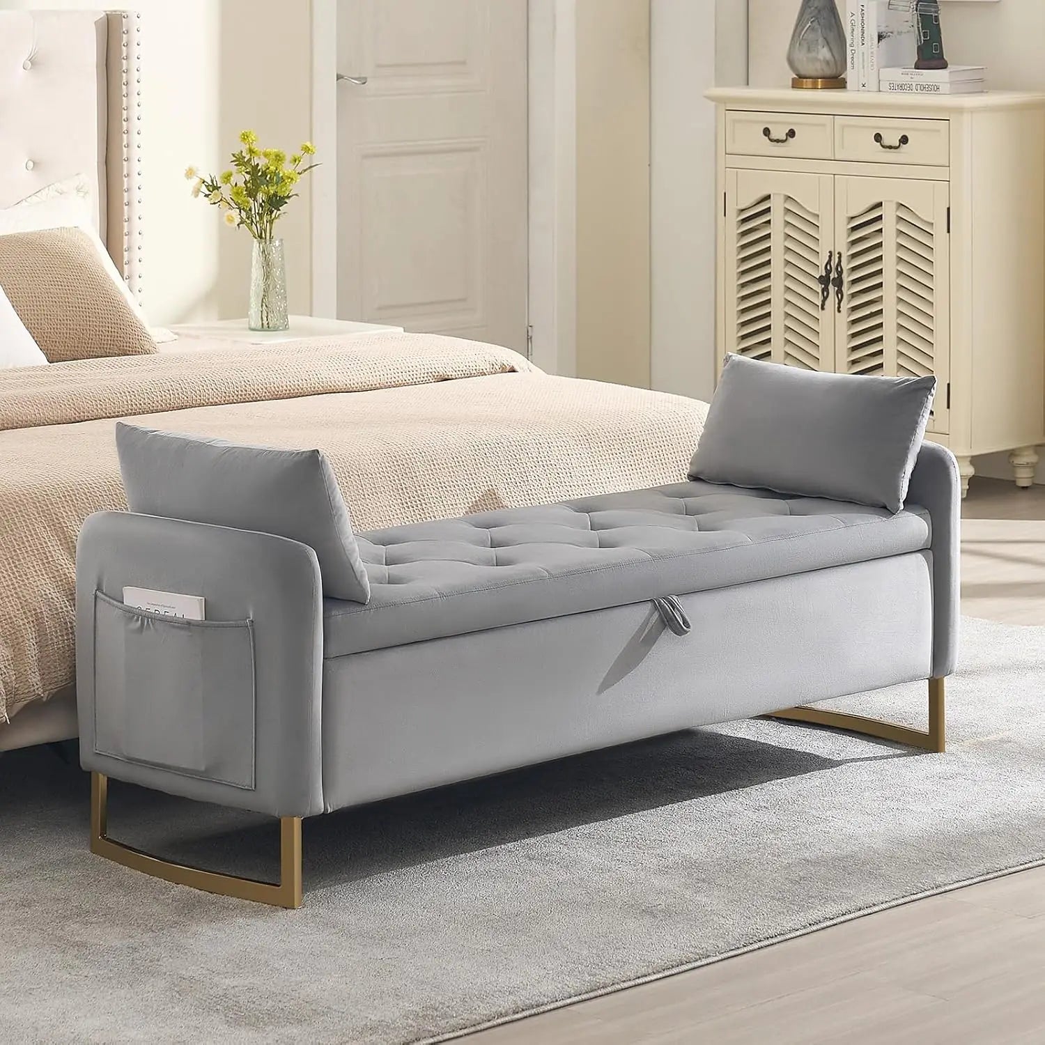 65" Velvet Storage Ottoman Bench, Tufted Upholstered