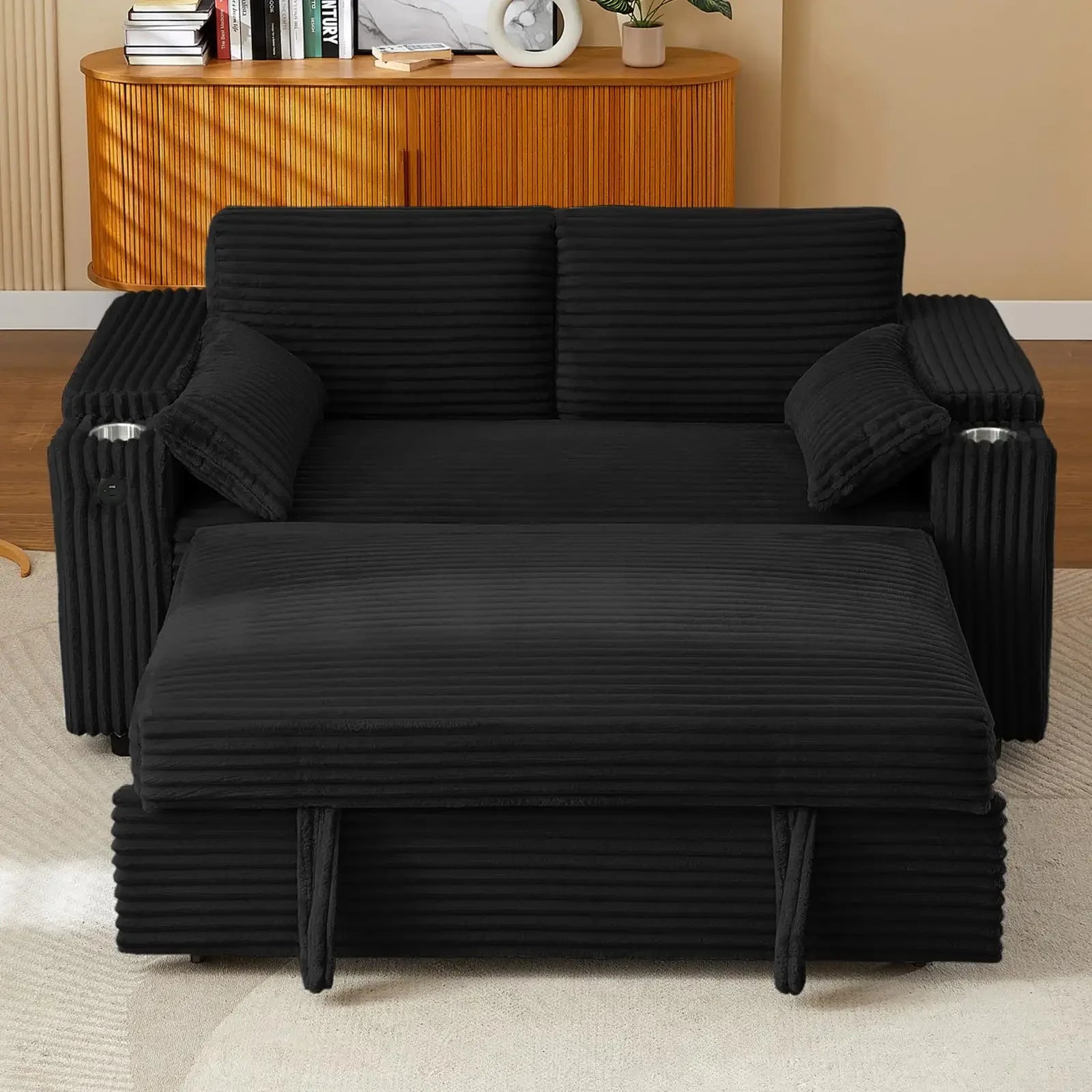 65'' 3-in-1 Folding, Pullout, Convertible Sofa Bed, 360° Swivel Side Table