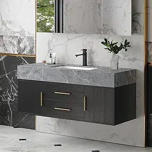Floating Vanity, Sintered Stone Sink, 2 Drawers, 2 Walnut Doors