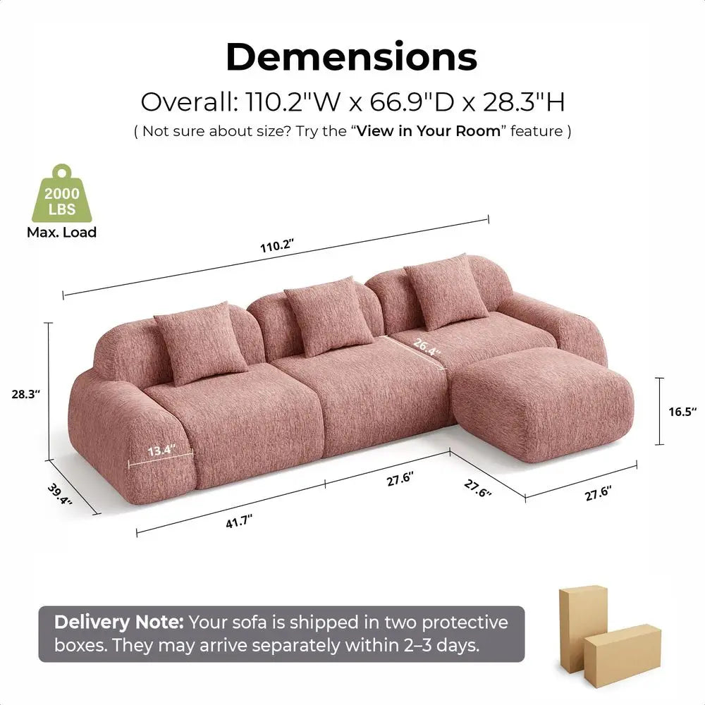 110 L-Shaped  Luxe Chenille Upholstered Boneless Sectional Sofa, Ottoman