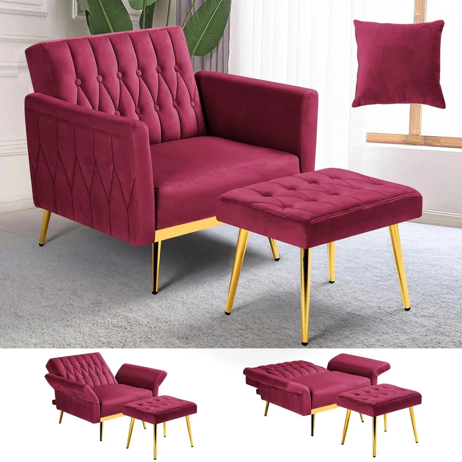 Velvet Recliner Chair Adjustable Armrests and Backrest, Button Tufted Chair
