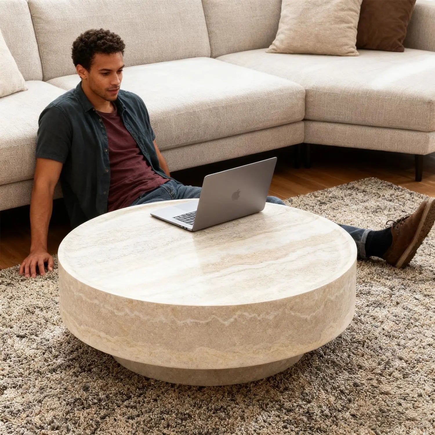 Luxury Faux Marble Round Coffee Table, 35.43IN, Drum Stone Center