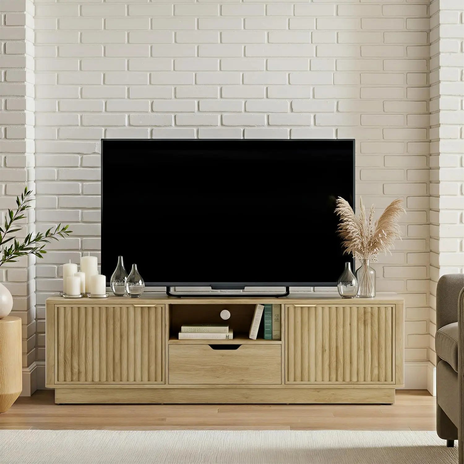 70IN Fluted TV Stand, With Storage Drawers And Adjustable Shelves, Wooden