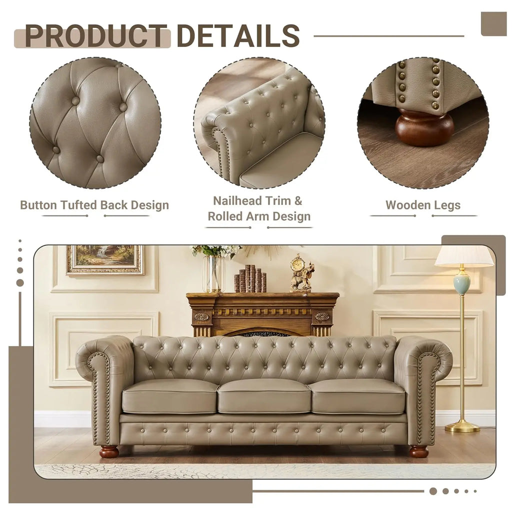 89" Leather Sofa Low Back Roll Arm Nail Head Trim 3-Seat