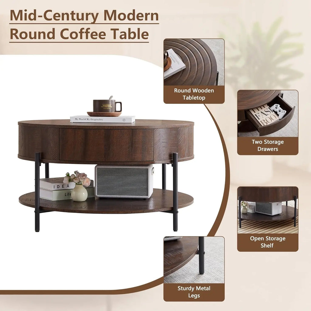 Round Coffee Table, 2-Drawer 2-Tier Rustic Wood Desktop Shelf