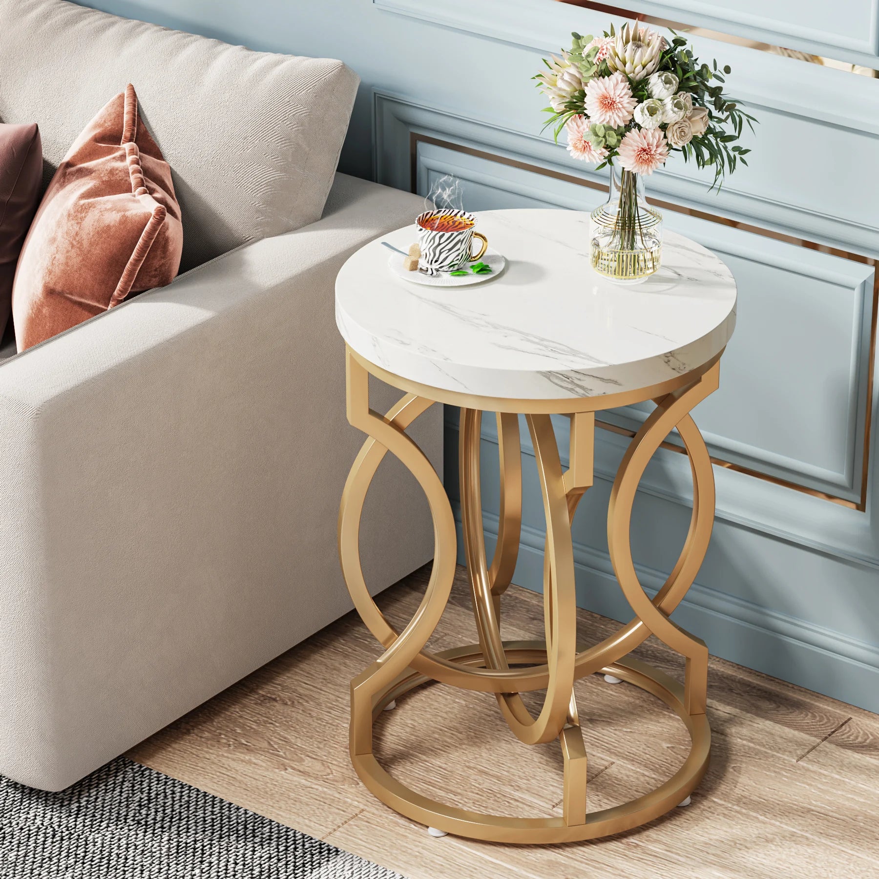 Round End Table 20" Thick Wood Top, Unique O-Shaped Base