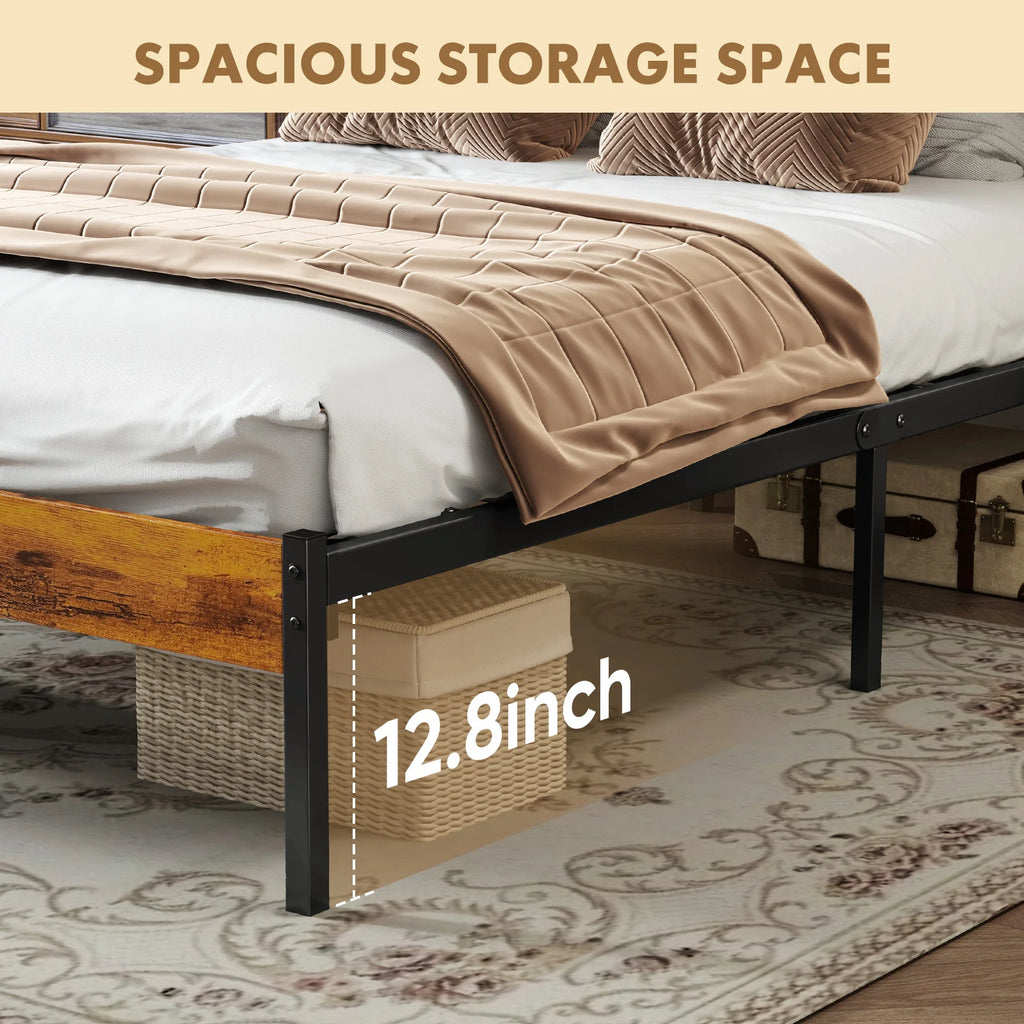 Wood Headboard Metal Platform No Box Spring 700LBS Sturdy Wood Slats