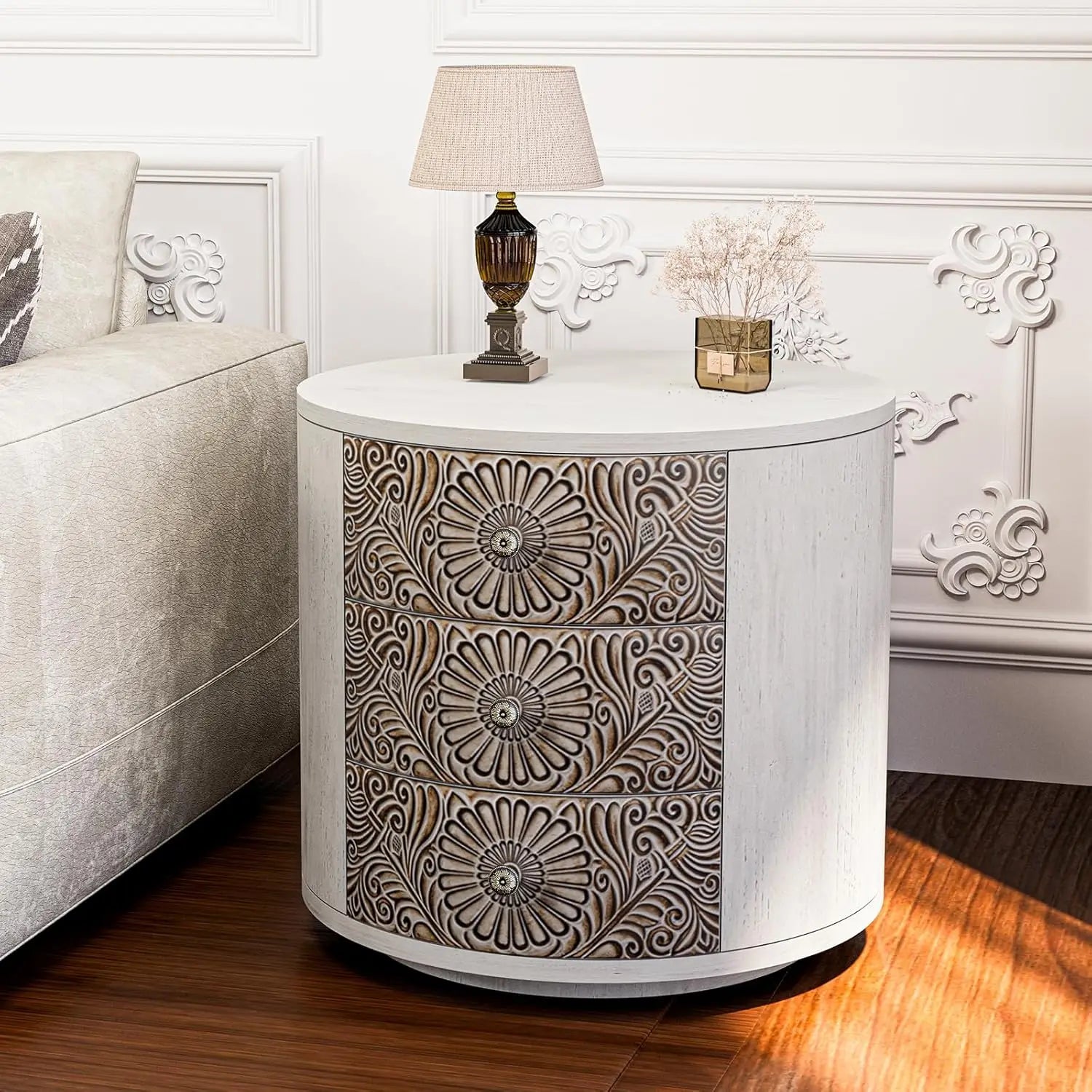 White Nightstand 2-Drawer & Storage Flower Motif