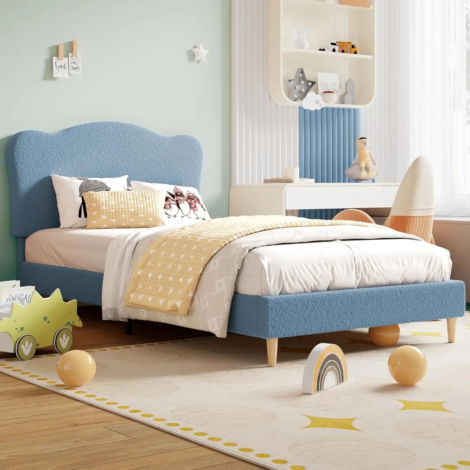 Twin Upholstered Bed, Scallop Headboard Velvet Platform Wooden Slats Noise Free