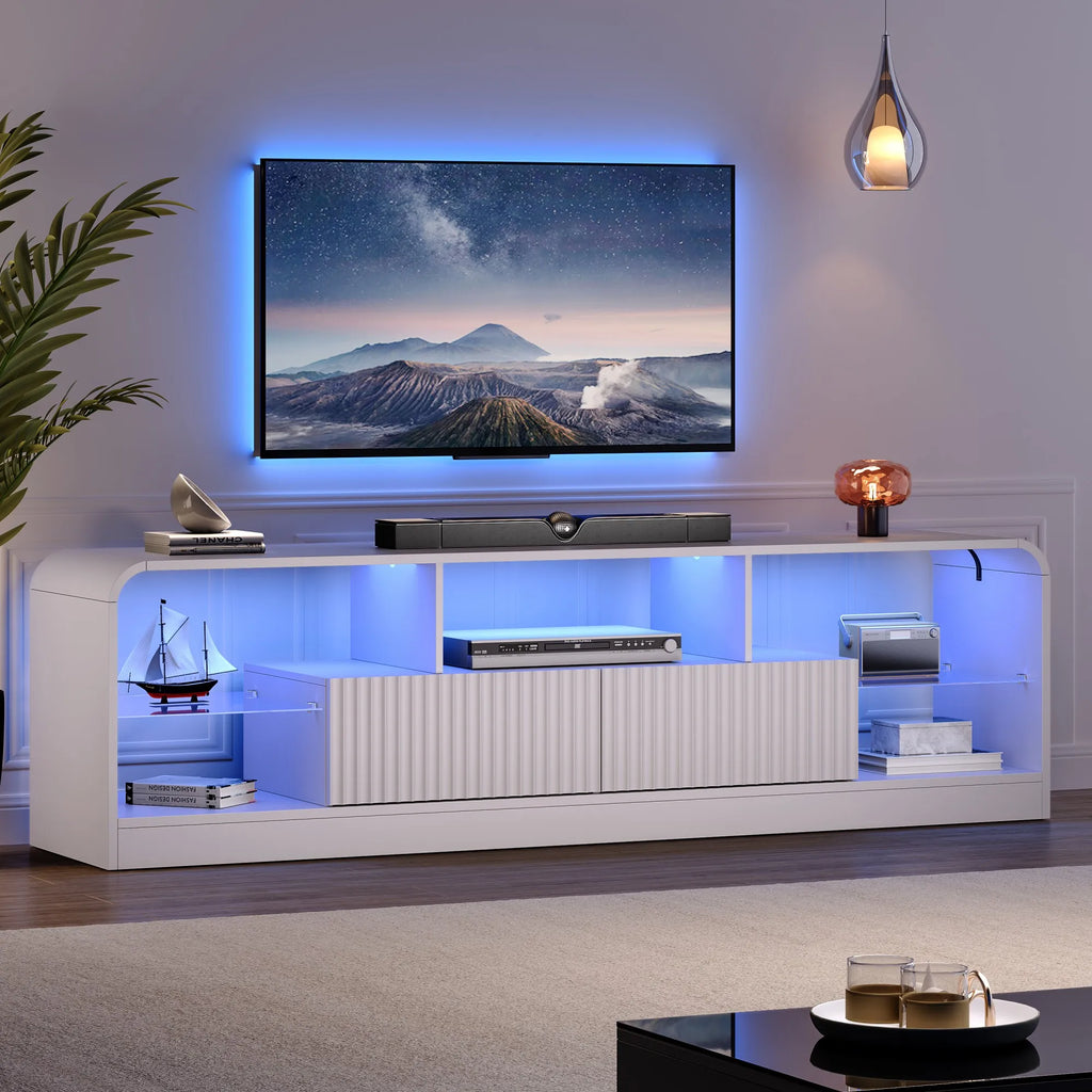 For 60/65/70-Inch TVs, Modern Curved TV Console LED Lights, 2 Drawers & Glass Shelves