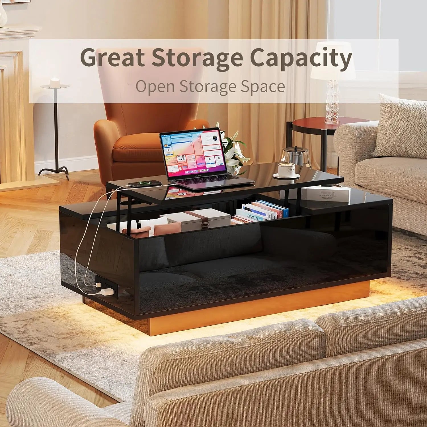 47" LED Coffee Table Lift Top Hidden Storage High Gloss