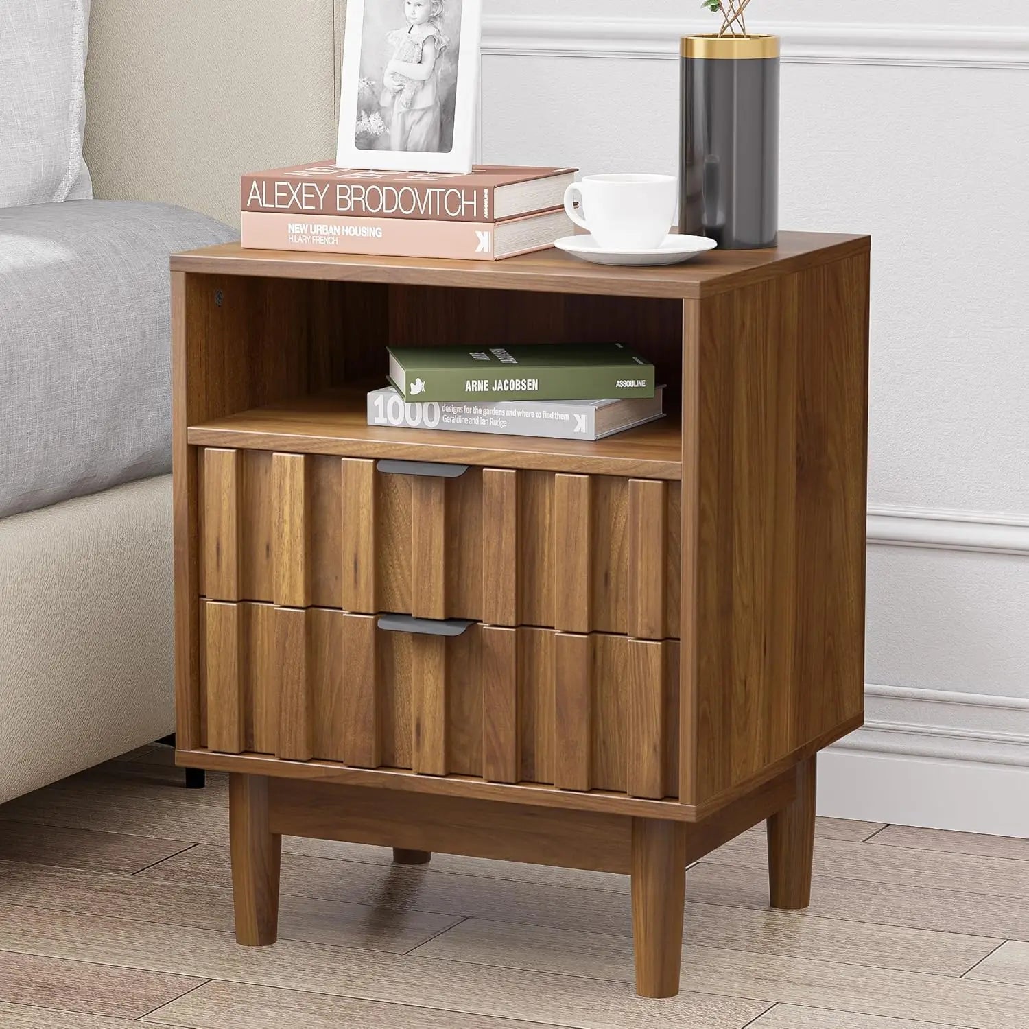 Fluted Nightstand 2-Drawers, 19" Wide Solid Wood Legs, Open Shelf