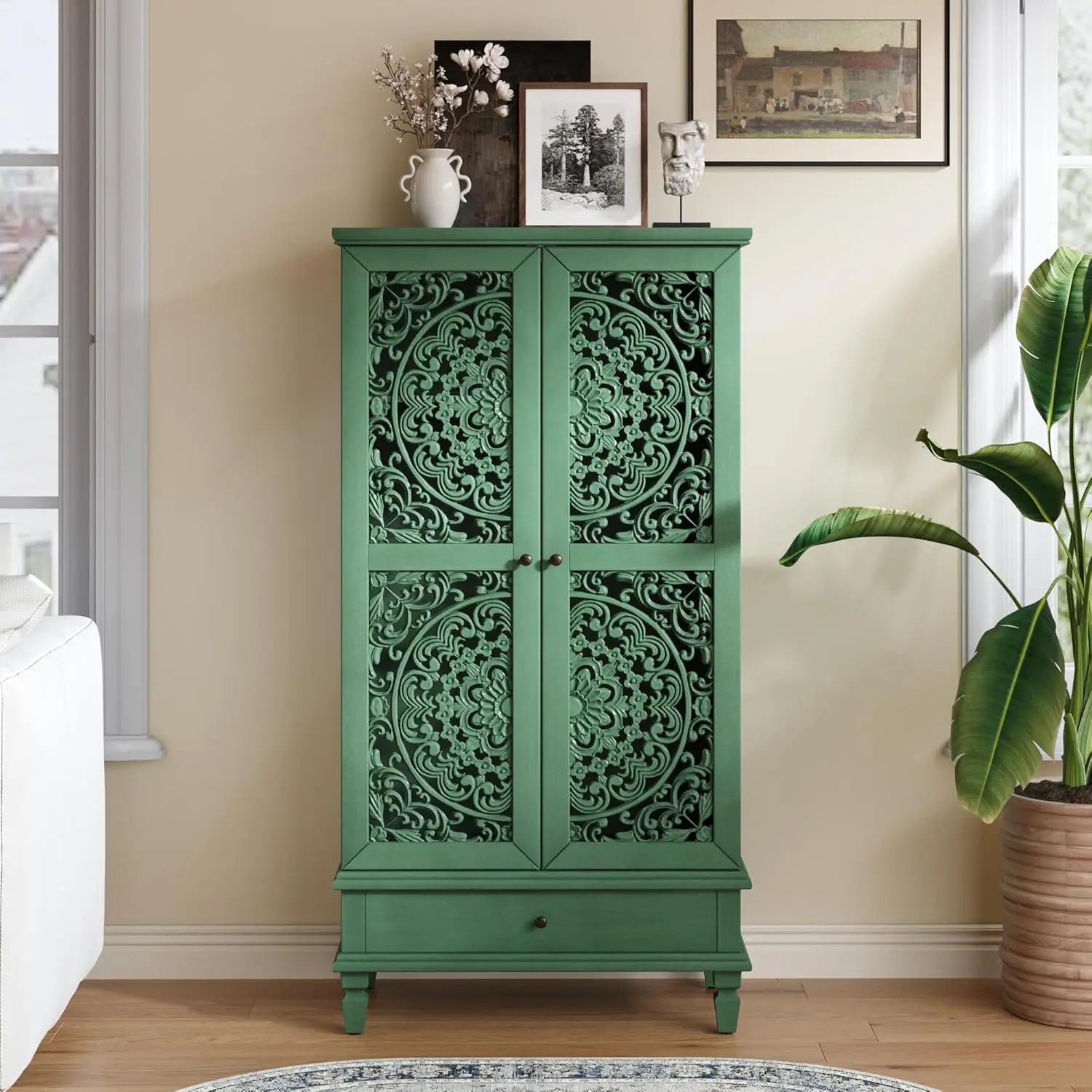 60" Blue Sideboard Buffet 4-Door Hollow Storage Shelf Vintage Console