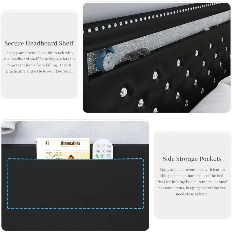LED Platform Queen Size Bed Frame 2-Drawers Upholstered Design