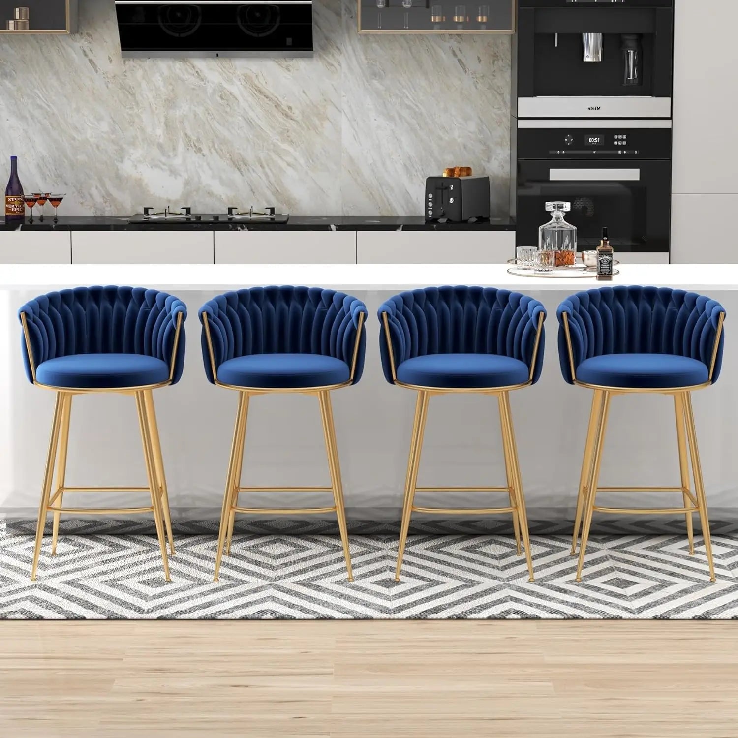 4-PC Velvet Upholstered 27IN (approx. 69 Cm) Seats, Hand-woven Backrest, Armrests