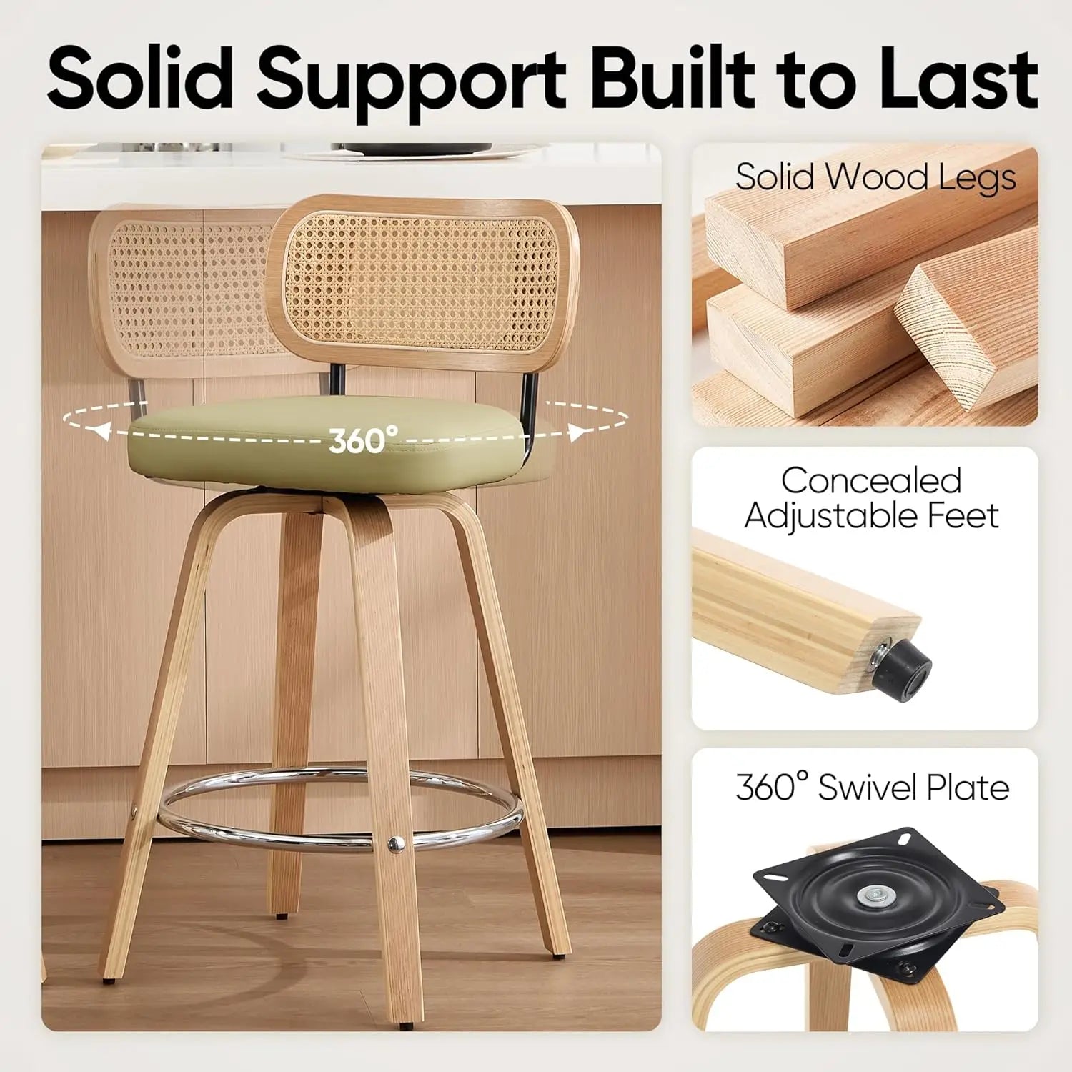 2 - Natural Rattan Bar Stools, Upholstered PU Leather