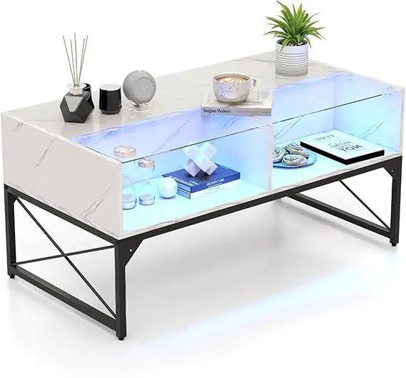 LED High Gloss Faux Marble Tempered Glass Top Coffee Table 4 Cubes