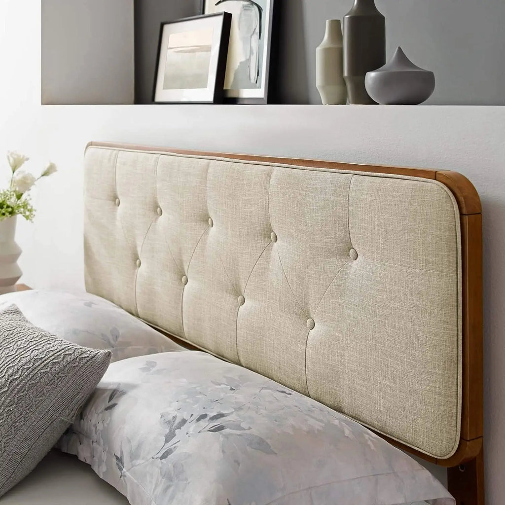 Tufted Full Fabric Wood Headboard Walnut Beige Bed Frame