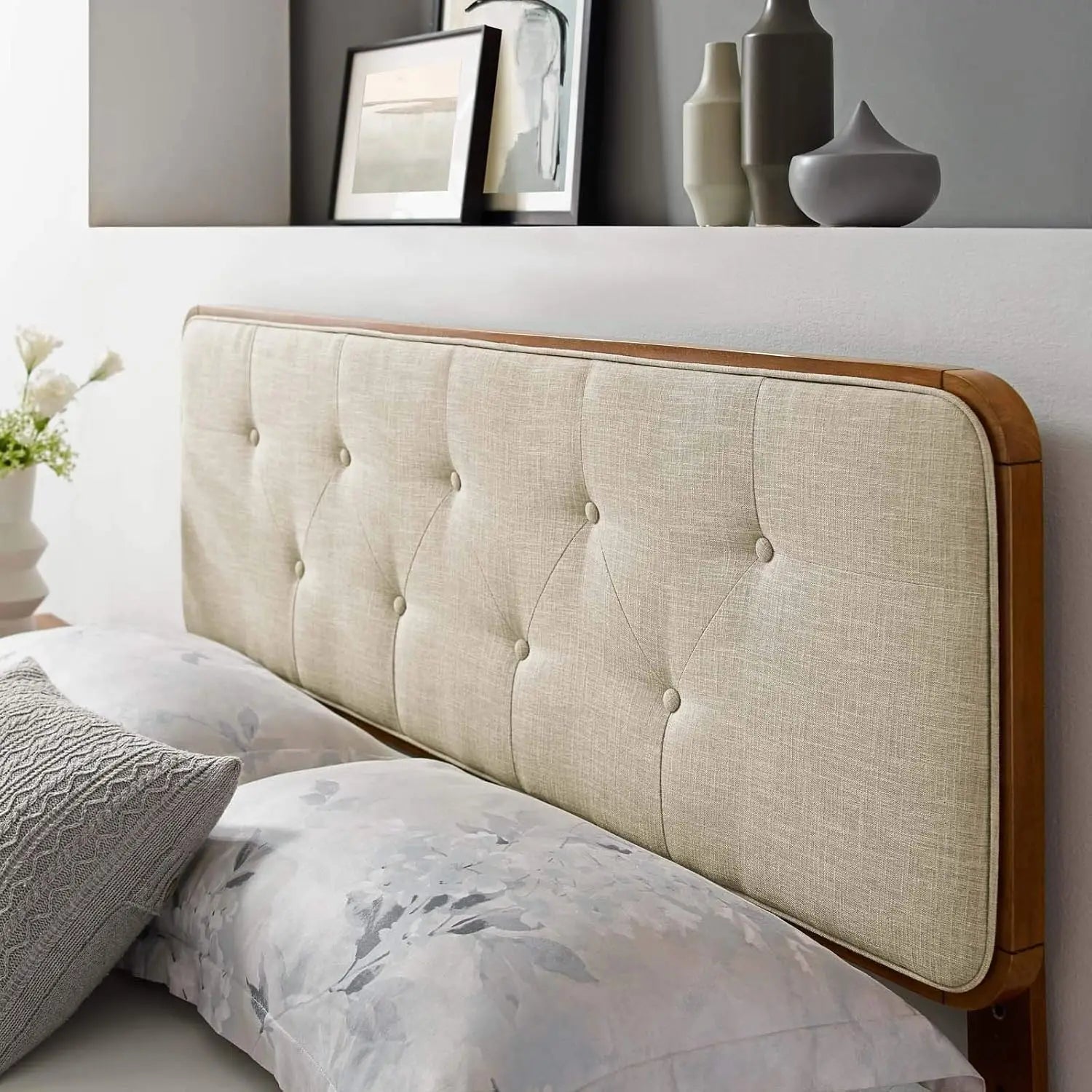 Tufted Full Fabric Wood Headboard Walnut Beige Bed Frame