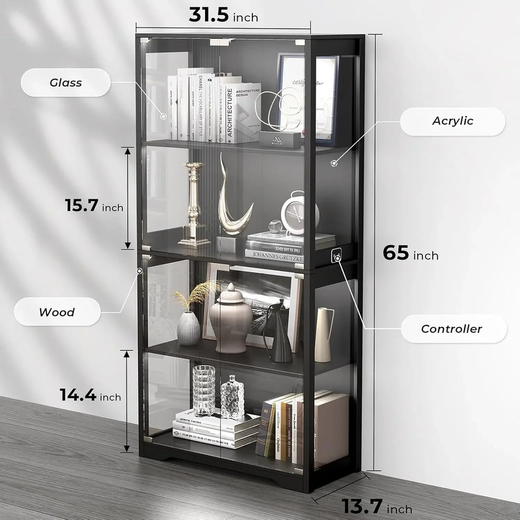 Display Cabinet Glass Doors, 4-Tier, 3 Color Lights,  Glass Display