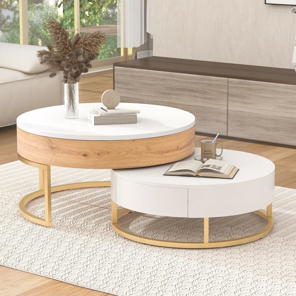 Height-adjustable Nesting Coffee Table Hydraulic Lift Function, Two Drawers