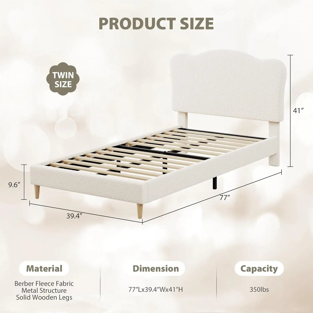 Twin Upholstered Bed, Scallop Headboard Velvet Platform Wooden Slats Noise Free