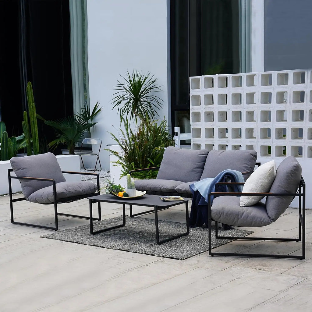 4-Piece Patio Furniture Set, Soft Cushions, Small Metal Sofa, Coffee Table