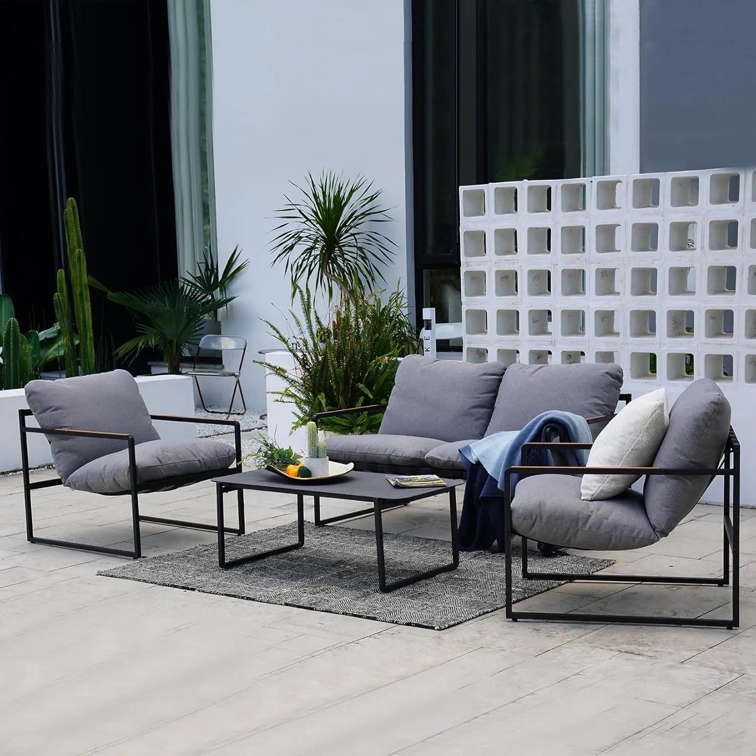 4-Piece Patio Furniture Set, Soft Cushions, Small Metal Sofa, Coffee Table