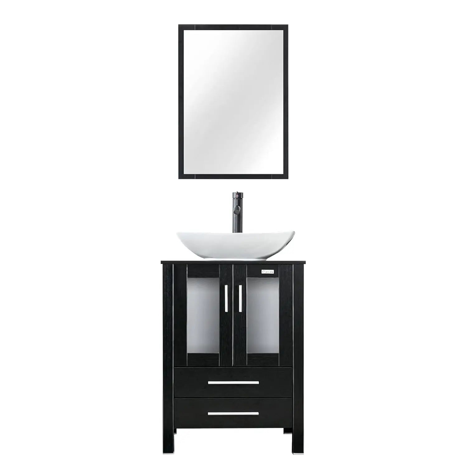 24" Vanity Blue Glass Vessel 2 Drawers Cabinet Soft Closing