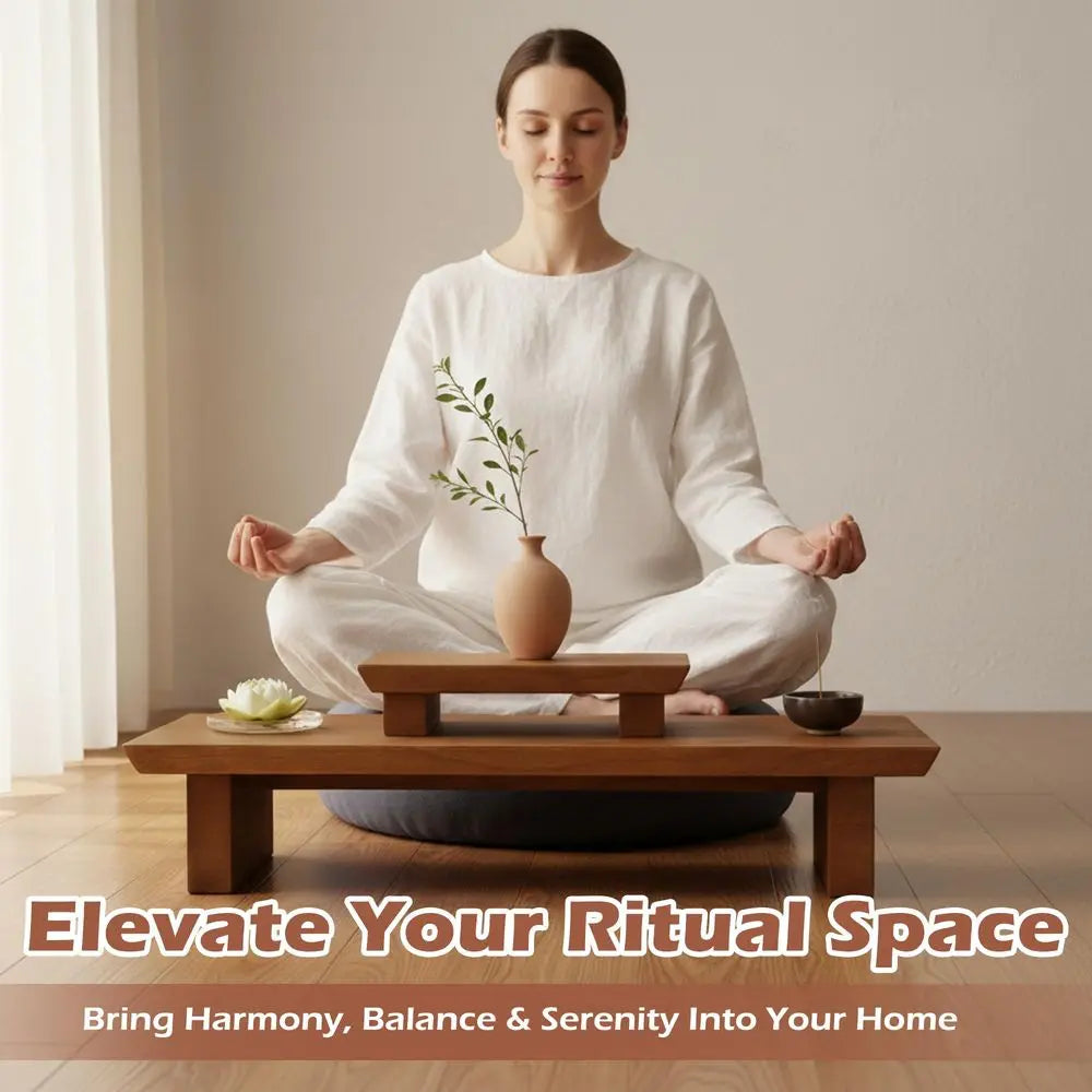 Japanese Low Meditation Altar Table Solid Wood, Puja Table for Relaxation and Prayer