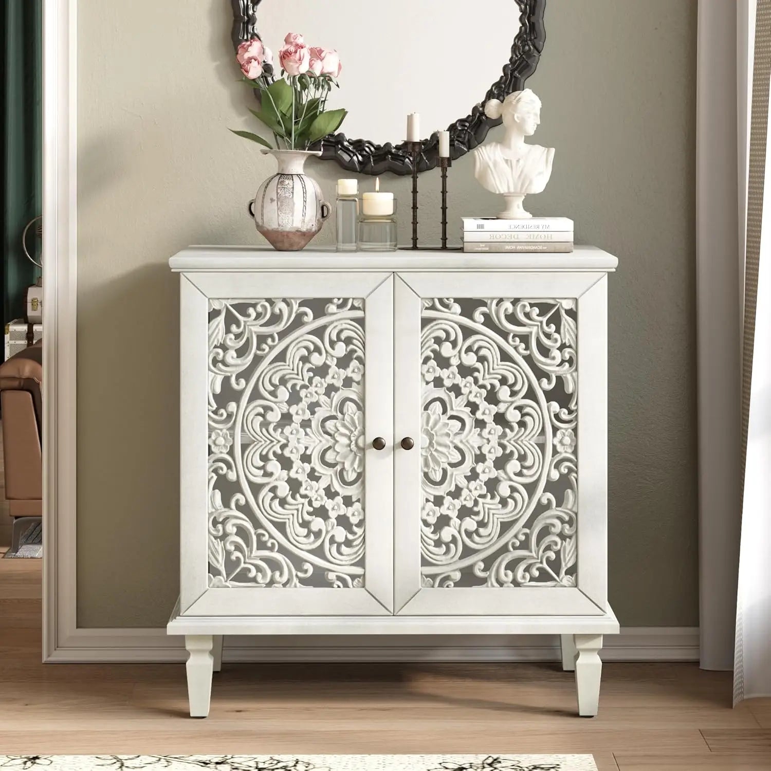60" Blue Sideboard Buffet 4-Door Hollow Storage Shelf Vintage Console