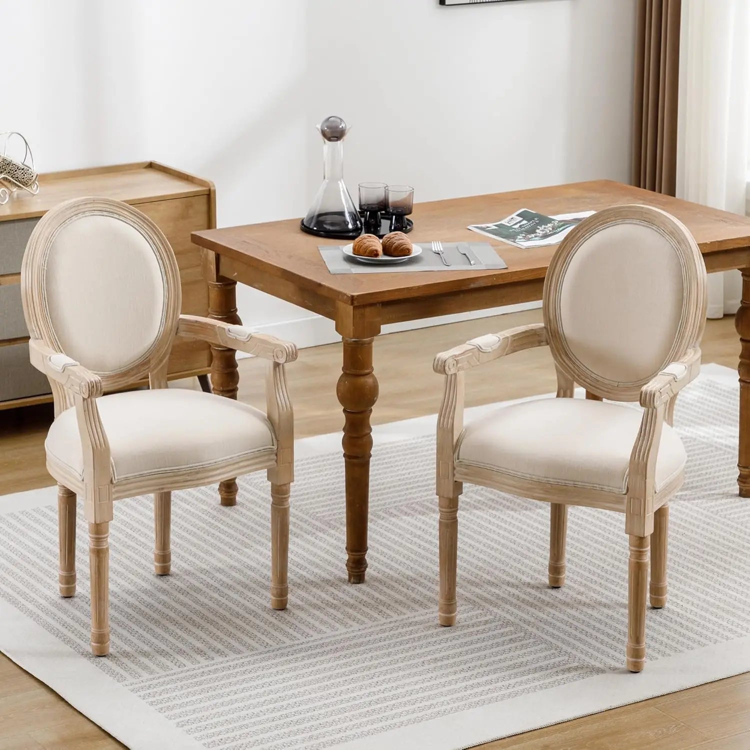 Set-of-2 French Round Back Upholstered Solid Wood Dining Chairs Armrest