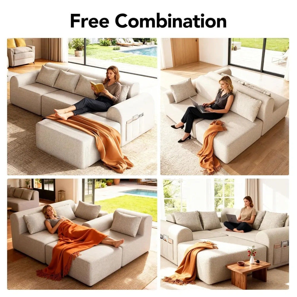 Cloud Boneless Sectional L-Shape 4-Seat Couch Ottoman 4 Pillows