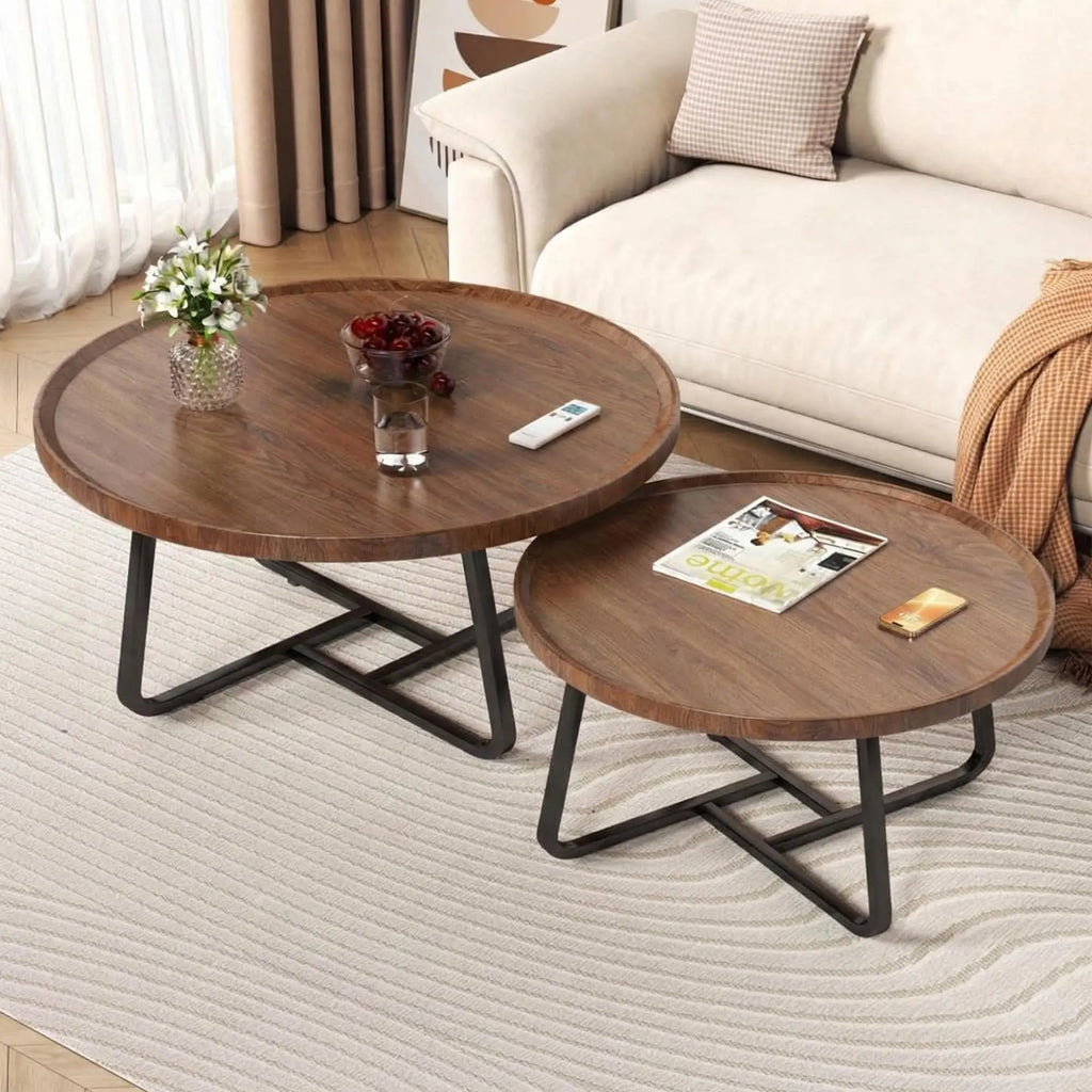 Nesting Coffee Table Set 2 Fluted Round Wood Tables Sturdy