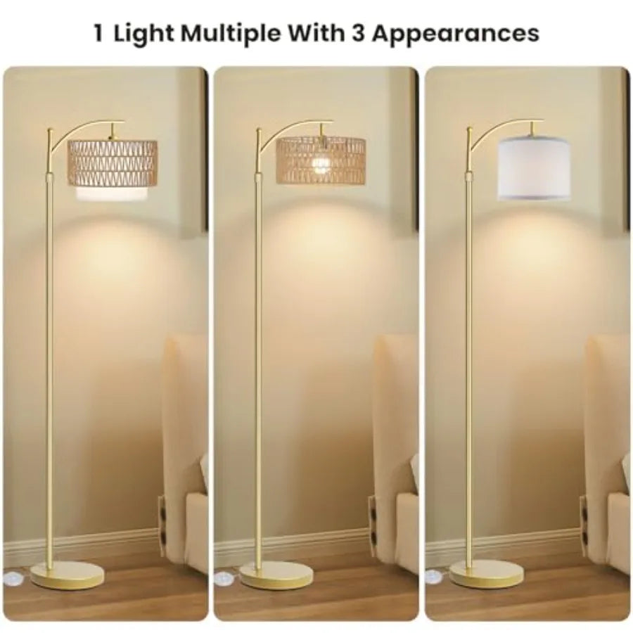 Arc Gold Floor Lamps, Remote Control, Dimmable Bulb, Rattan Boho