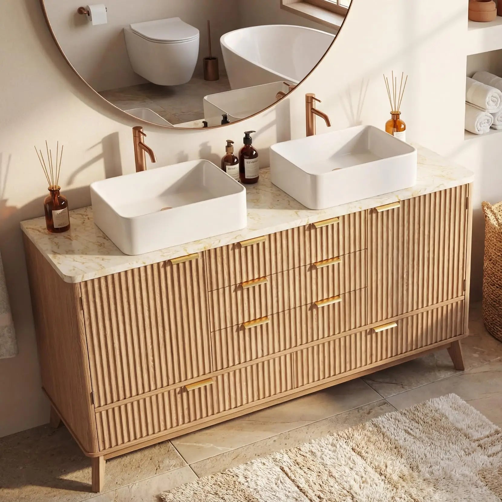 55'' Fluted Vanity Double Ceramic Sink, 2 Cabinets 5 Drawers