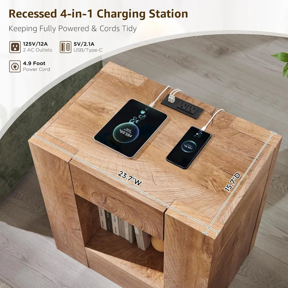 24" Nightstand Charging Station, Hidden Drawers & Open Storage Shelf