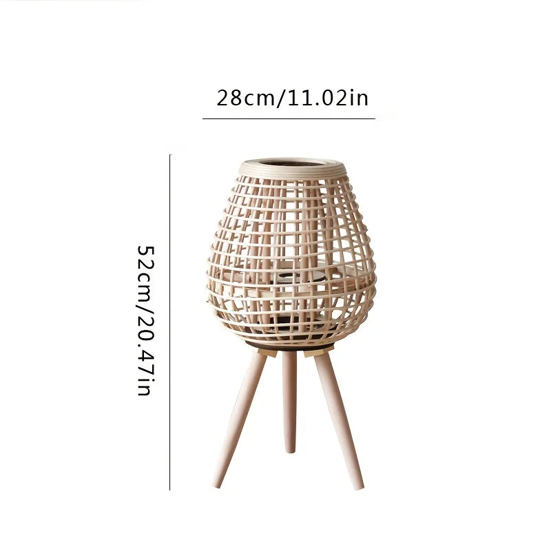 Hand-Woven Vine Lamp with Candle Holder – Rustic Floor Standing Lantern