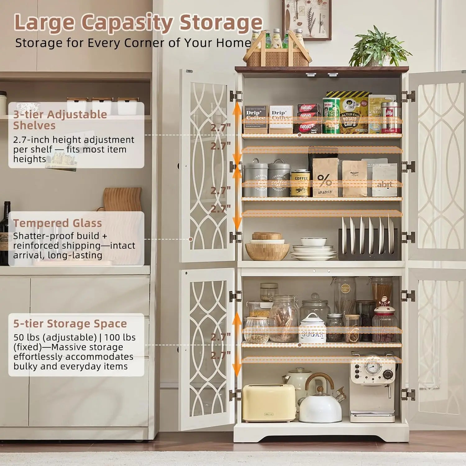 67" Wood Bookshelf Glass Doors 5-Tier Adjustable Shelves , Office White