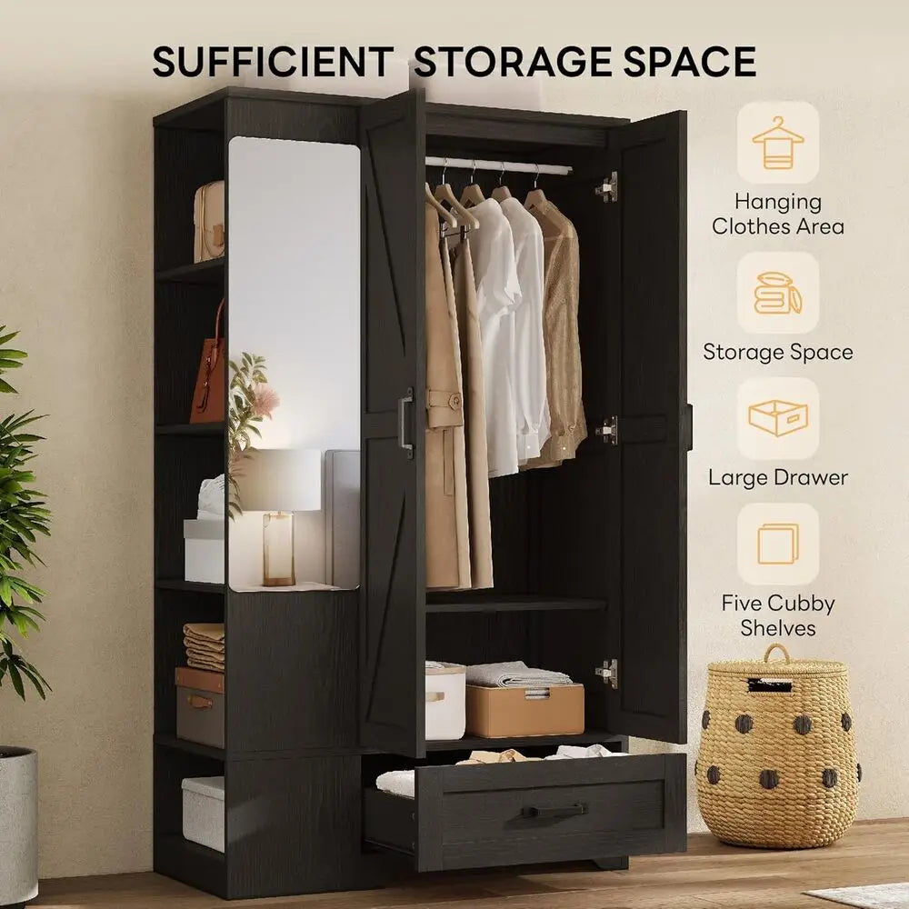 70" Armoire Wardrobe Hanging Rail 2-Door, Drawer, Shelves, Mirror