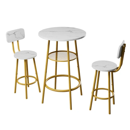 3 PC Dining Table and Chairs Set with 2 Stools Faux Marble Tabletop