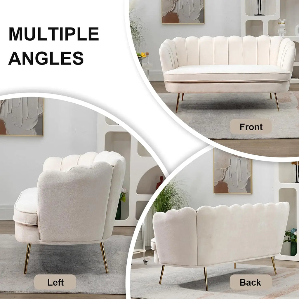 59" Chenille Upholstered Loveseat, Gold Metal Legs, Petal Design