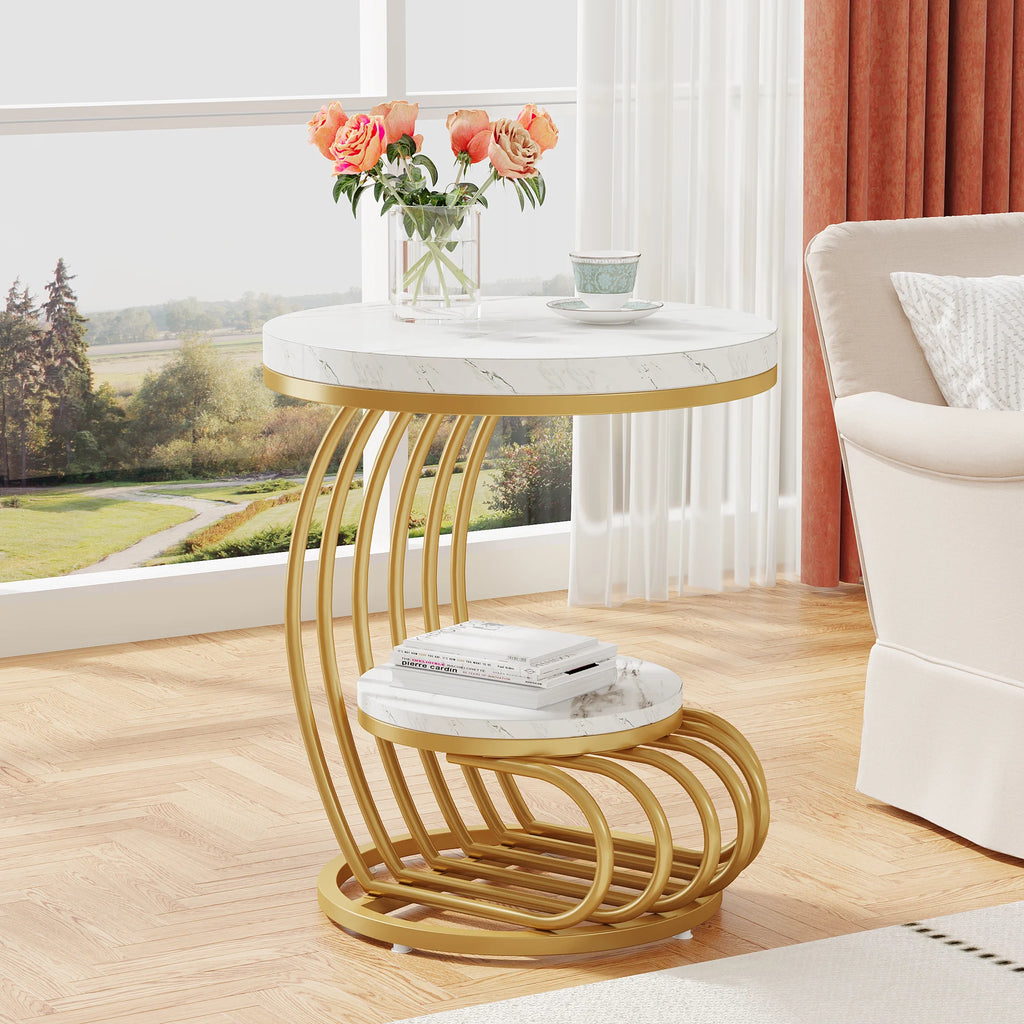 Gold Round End Table 2-Tier, Faux Marble, Storage Shelf