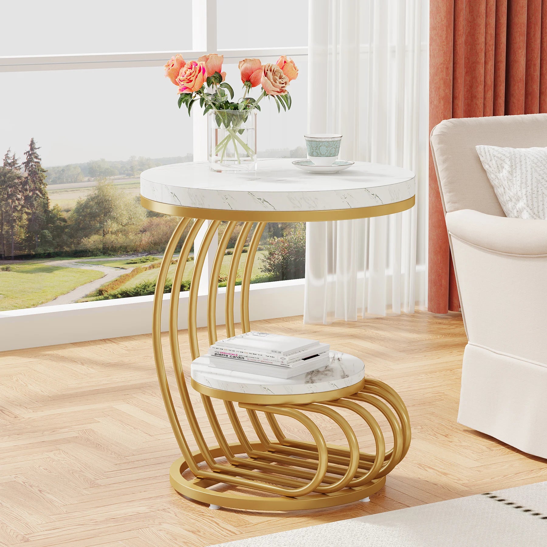 Gold Round End Table 2-Tier, Faux Marble, Storage Shelf