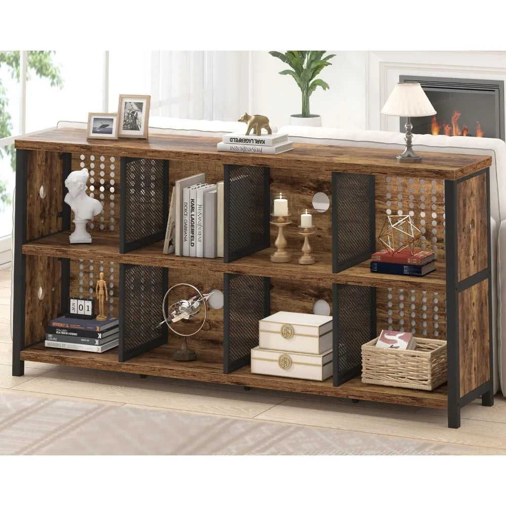 Rustic Horizontal Bookshelf, Industrial Large Wide Bookcase Cube Storage