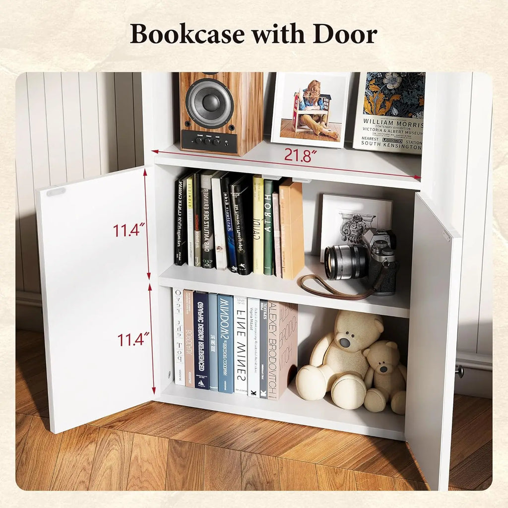 Set of 2, 71.5" 6-Tier Wooden Bookcase, Cabinet Doors,