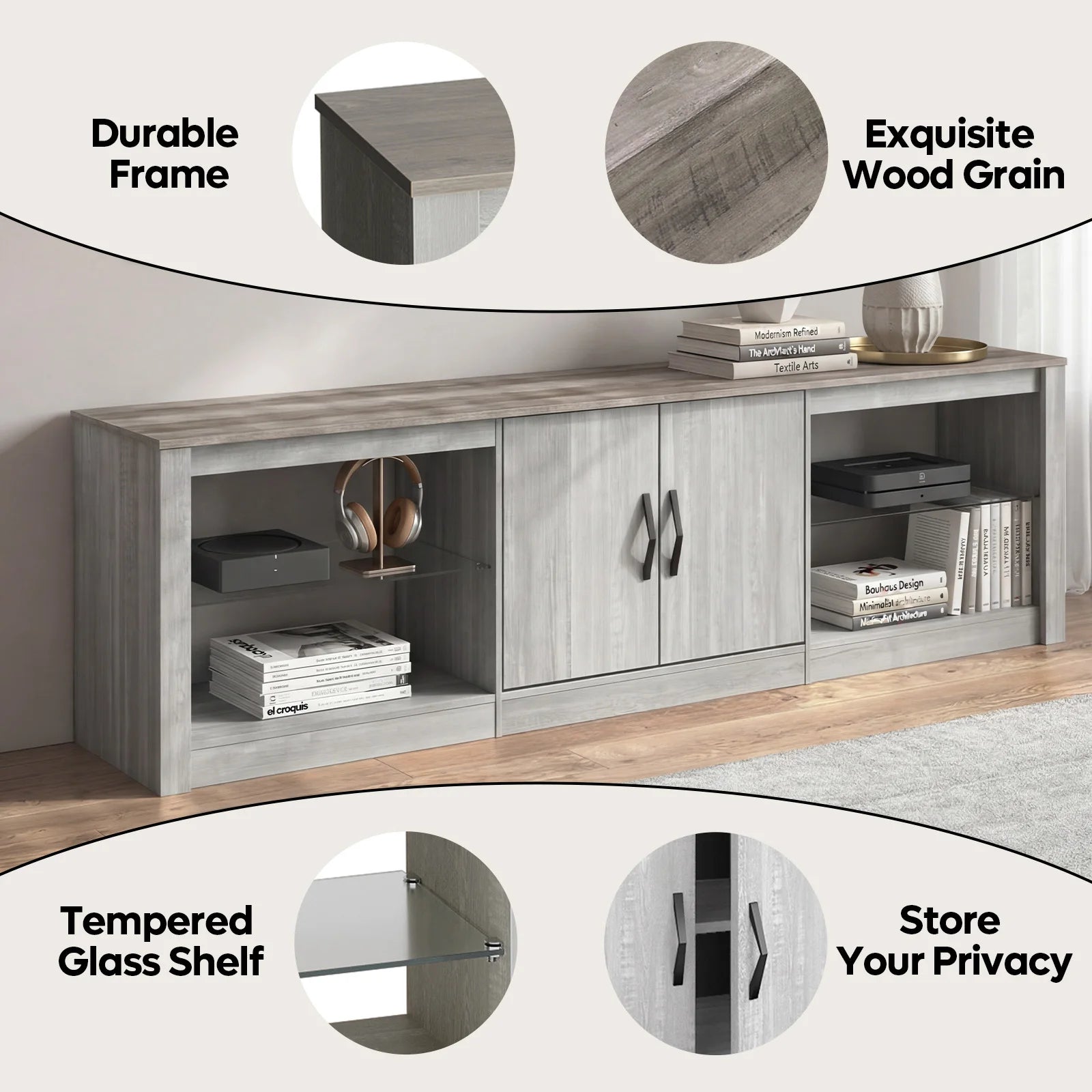 70IN for 75IN TV, LED with Adjustable Glass Shelves Two Cabinets